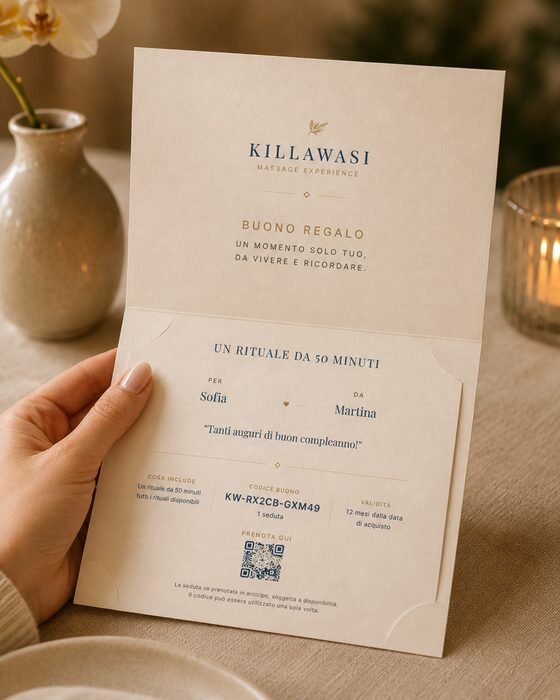 Il buono regalo aperto, tenuto in mano: dedica, codice e validità