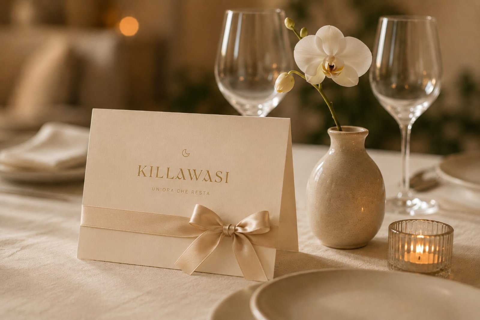 Il buono regalo Killawasi, chiuso con un nastro di raso, su una tavola apparecchiata con orchidea e candela